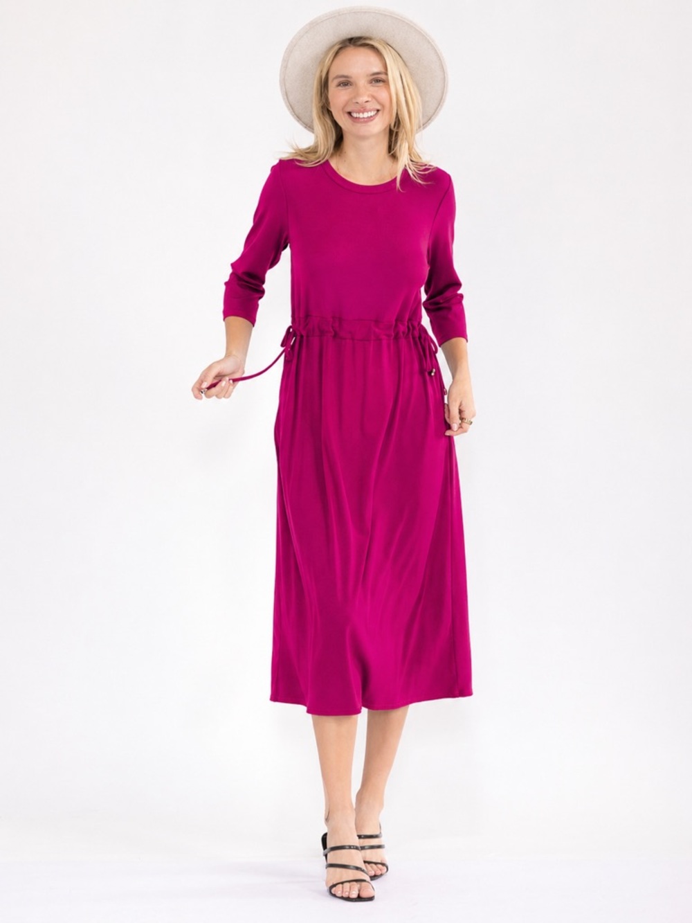 Waist-Drawstring Midi Dress in Magenta